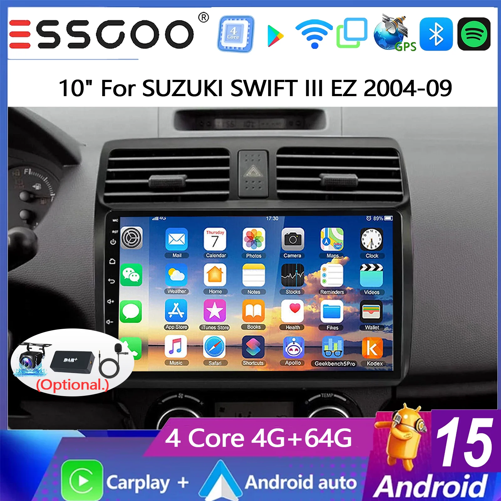 ESSGOO Radio Estéreo para Auto Android 15 de 9 Pulgadas, 4+64G, para SUZUKI SWIFT III EZ MZ 2003-2010, Navegación GPS, Carplay Inalámbrico, Android Auto, FM, Bluetooth, RDS, SWC, Wifi, ASP, Mirror Link, Pantalla Táctil IPS, Reproductor Multimedia de Video, Unidad Principal 1