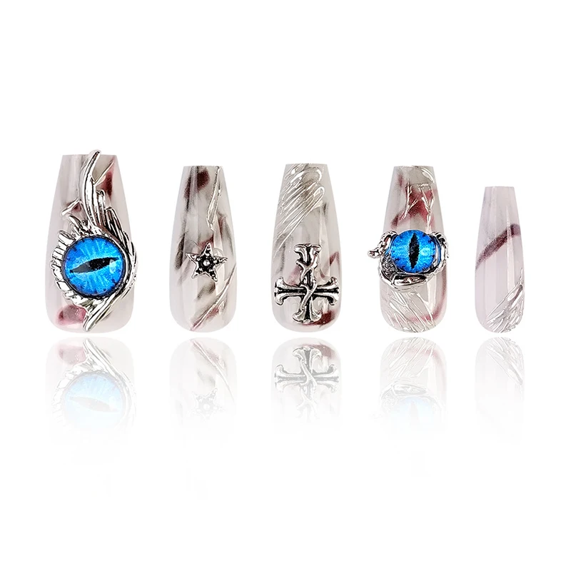 Blue Evil Eye Square Wearing Armor Silver Lines Cross Wings Stars Dark Nail Kit