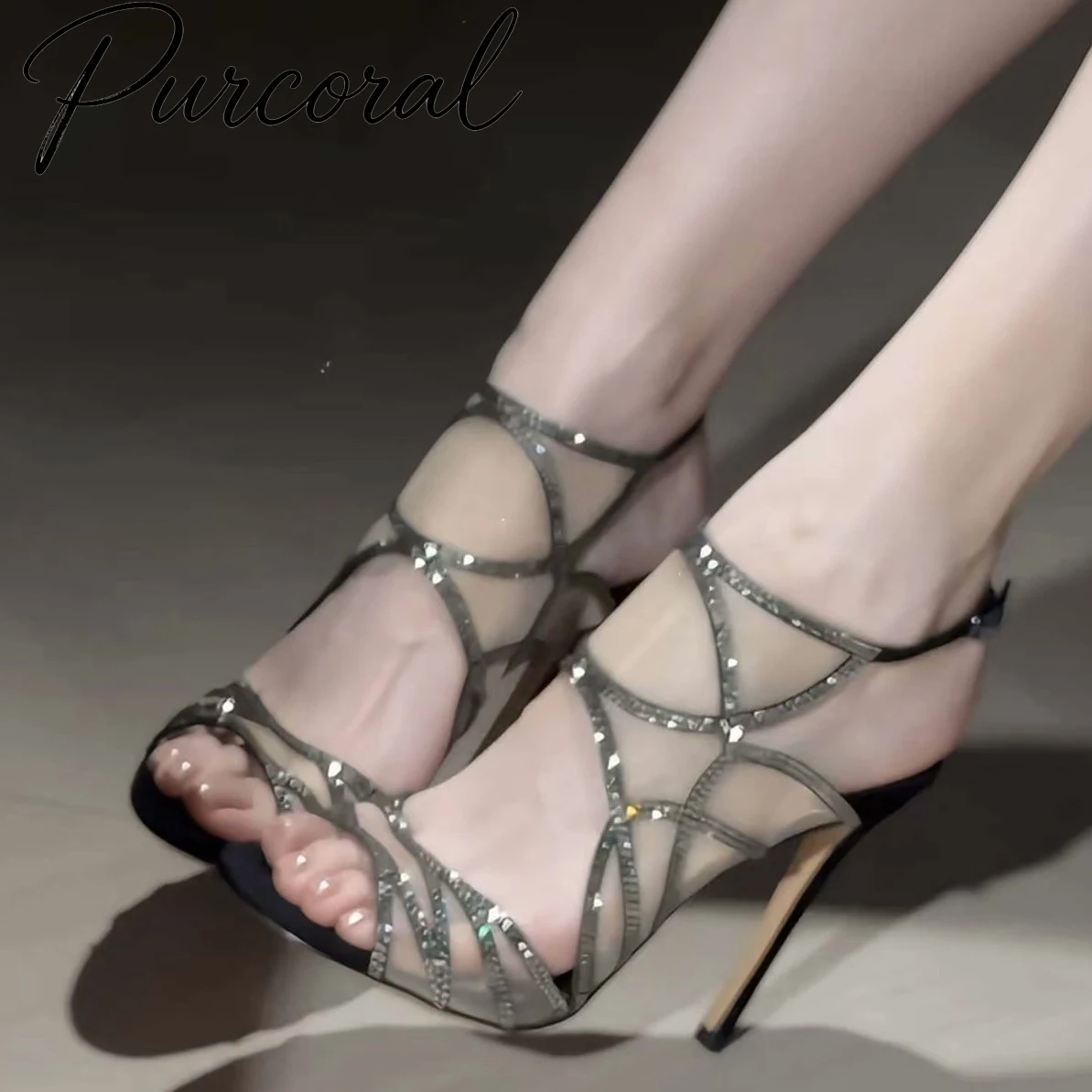 2026 Champagne Satin Slingback Heels Women Pointed Toe Rhinestone Crystal Thin Metal Stiletto Pumps Cutout Sandalias Mujer