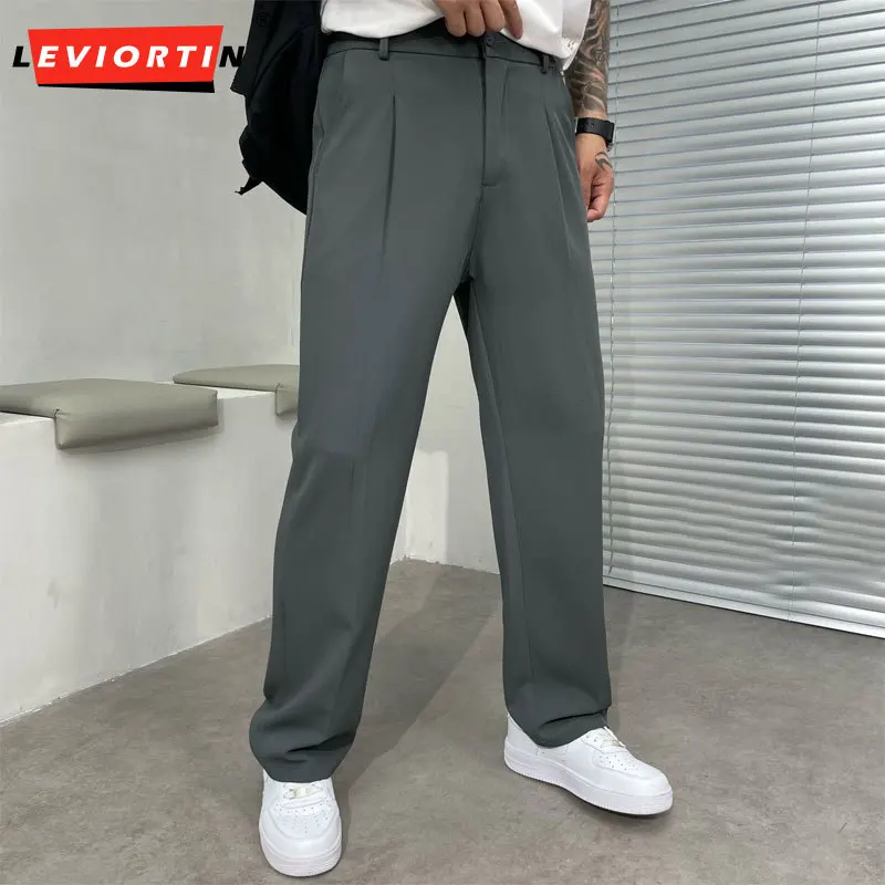 

Ice Silk Loose Straight Suit Pants For Men Summer Sold Color Stretch Business Casual Suit Classic Korea Styles Thin Trousers