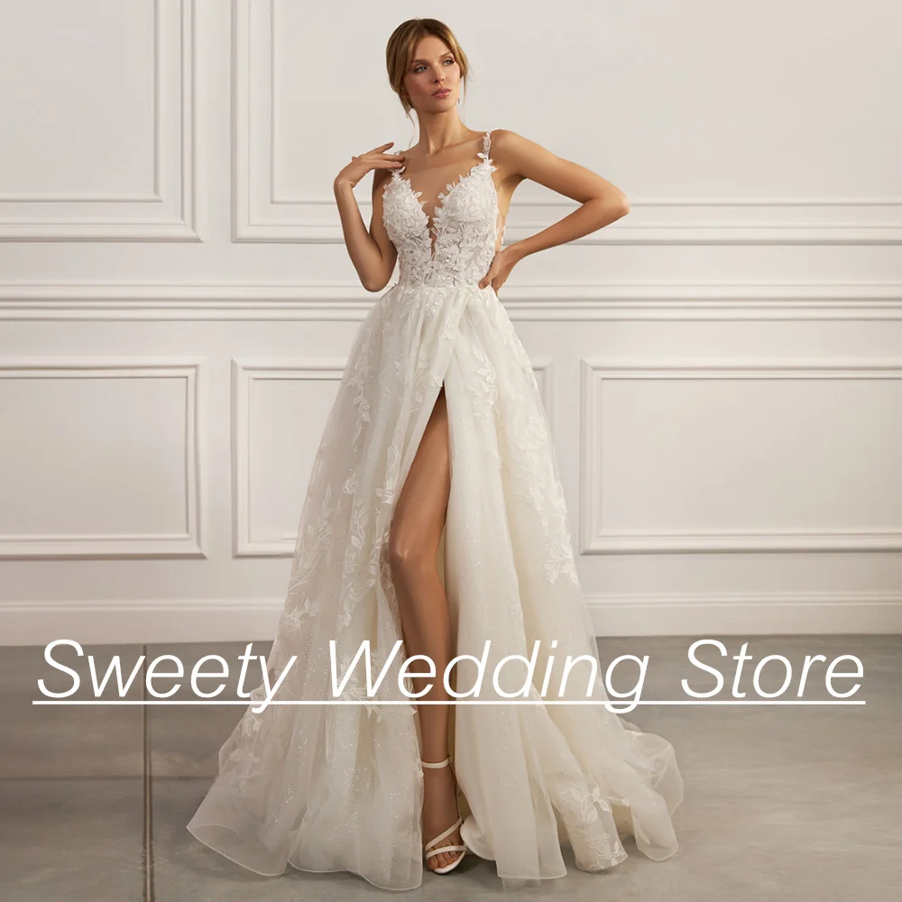 

Wedding Dress 2025 Sexy Spaghetti Straps V Neck Sequined Applique High Slit Boho Bridal Gown Sweep Train Backless Bride Dresses