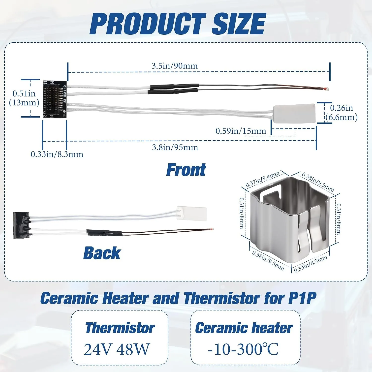 Ceramic Heater Thermistor Kit for Bambu Lab P1P P1S 24V 48W 300°C Hotend Temperature Sensor with Fixing Clip 3D Printer Parts