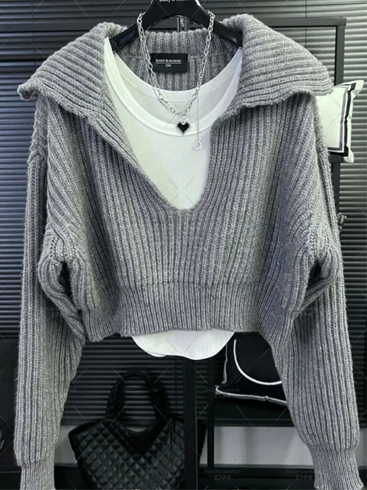 Autumn Fashion High Street Turn Down Deep V Neck Hooides French Knitted Solid Simple Loose Sweater All Match Lazy Pullover