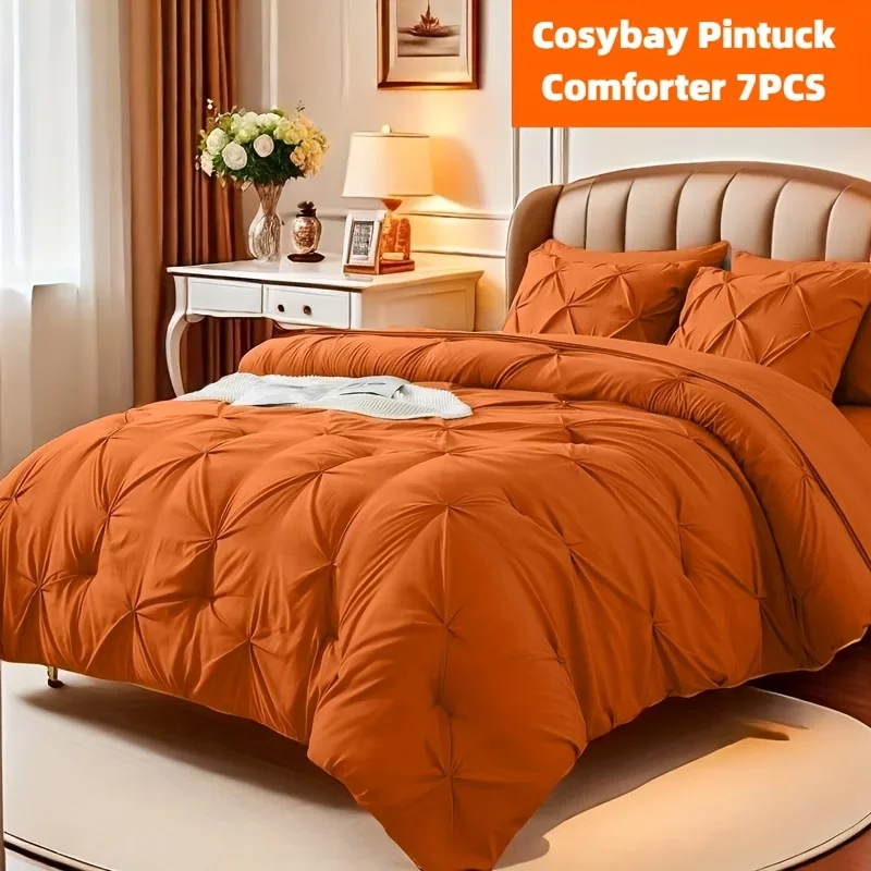 Cosybay 7pcs Comforter Sets Queen, King Size Luxury Soft Fluffy Pinch Pleated Bedding with 1 Comforter + 1 Extra Deep Pocket