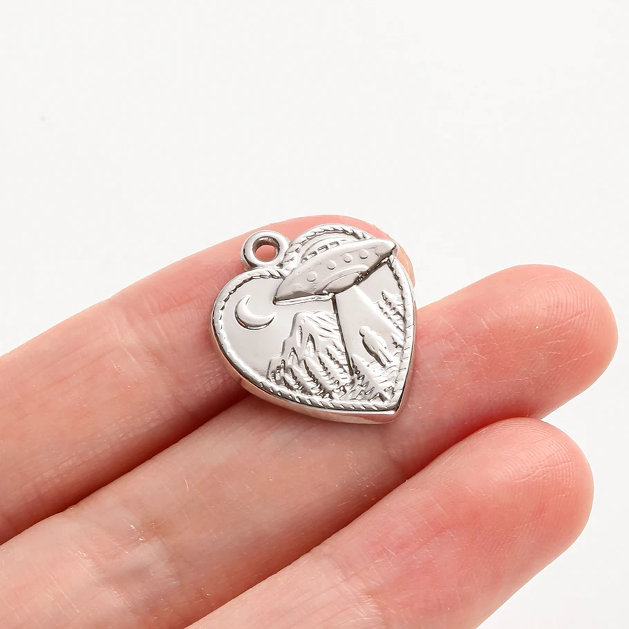 6 Stück modische Anhänger, Alien, Raumschiff, Mond, Edelstahl-Charms für die Schmuckherstellung, Taschenanhänger, DIY-Halskette, Ohrringe, Großpackung – Detail 3