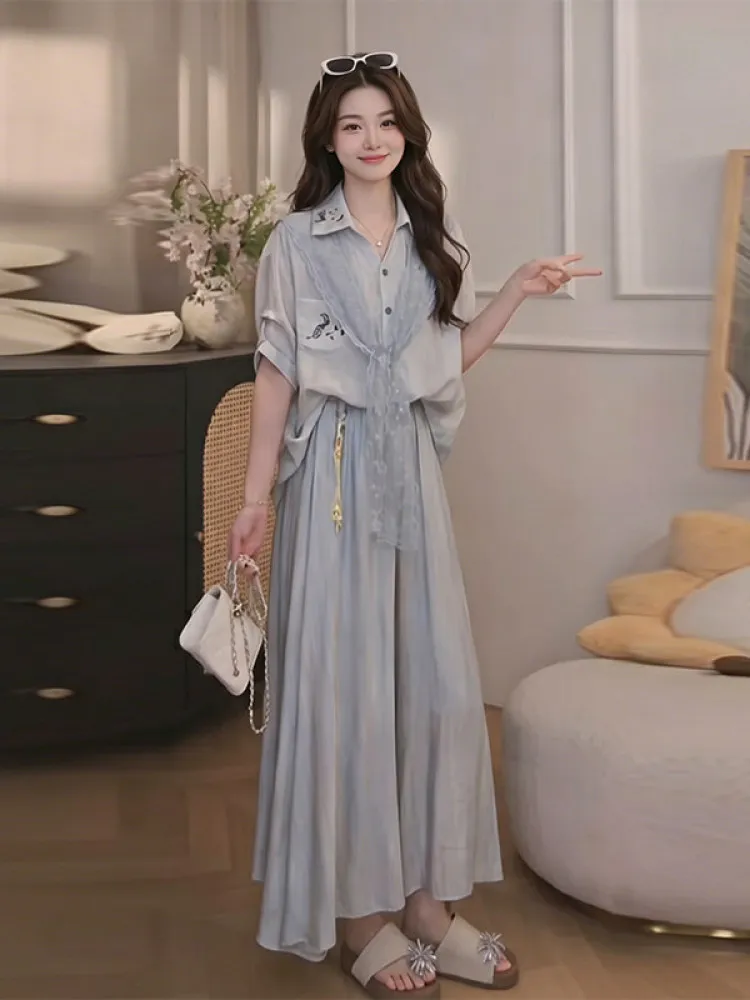 

Chic Summer Shirt And High Waist Skirt Set Anti-Aging Trendy Shoulder Wrap Breathable Lightweight Print Casual Commute Style