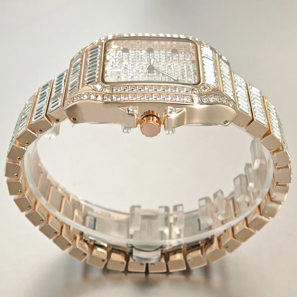 ساعة UNIGUET Rose Ice Square للرجال من الفولاذ المقاوم للصدأ ساعات كوارتز فاخرة للرجال هيب هوب مستطيلة من الماس والمجوهرات