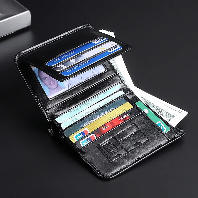 

Genuine Leather Men's Wallet RFID Vintage Short Black Wallets Trifold Card Holder Wallet Small Cowhide Male Purse Money Bag