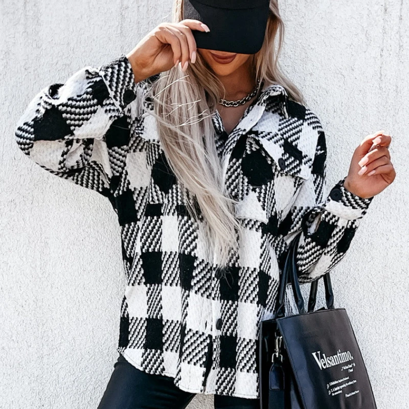 

Autumn and Winter Long-sleeved Houndstooth Printed Woolen Coat Feminine Temperament Trend Women's Straight Casual Coat