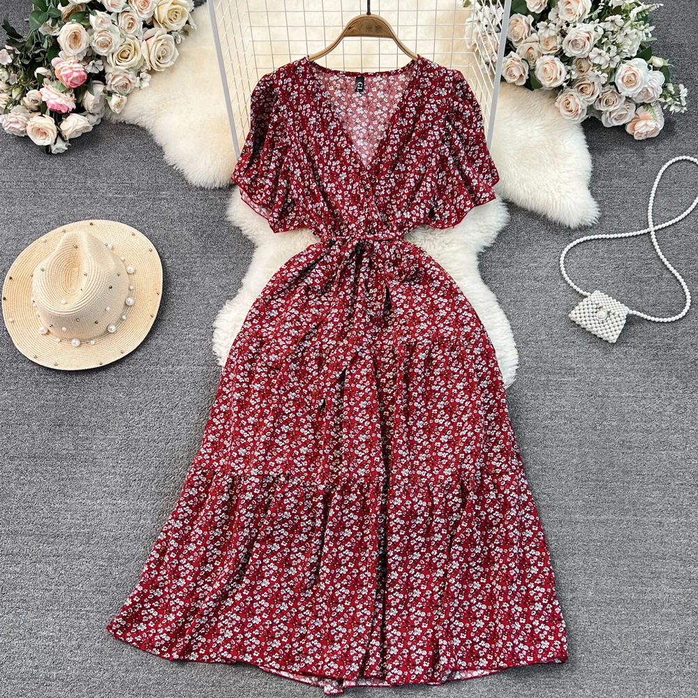 Vintage Print Elegant Short Sleeve Lace Up Dress V Neck Beach Vacation Party Dress Women Fashion Summer Spring Vestidos