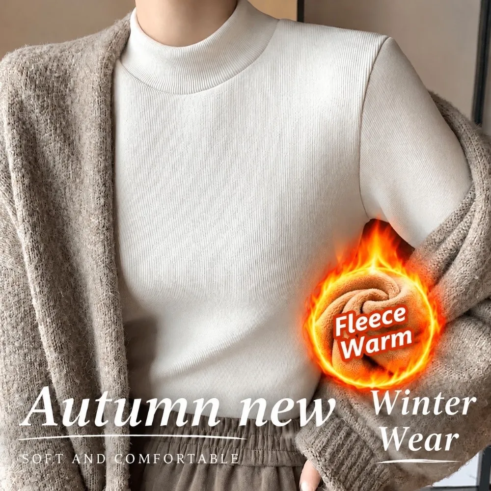 Soft Touch Thickened Turtleneck Top Half Turtleneck Stretchy Fabric Knit Blouse Fleece Lined Warm Undershirt Outerwear Match