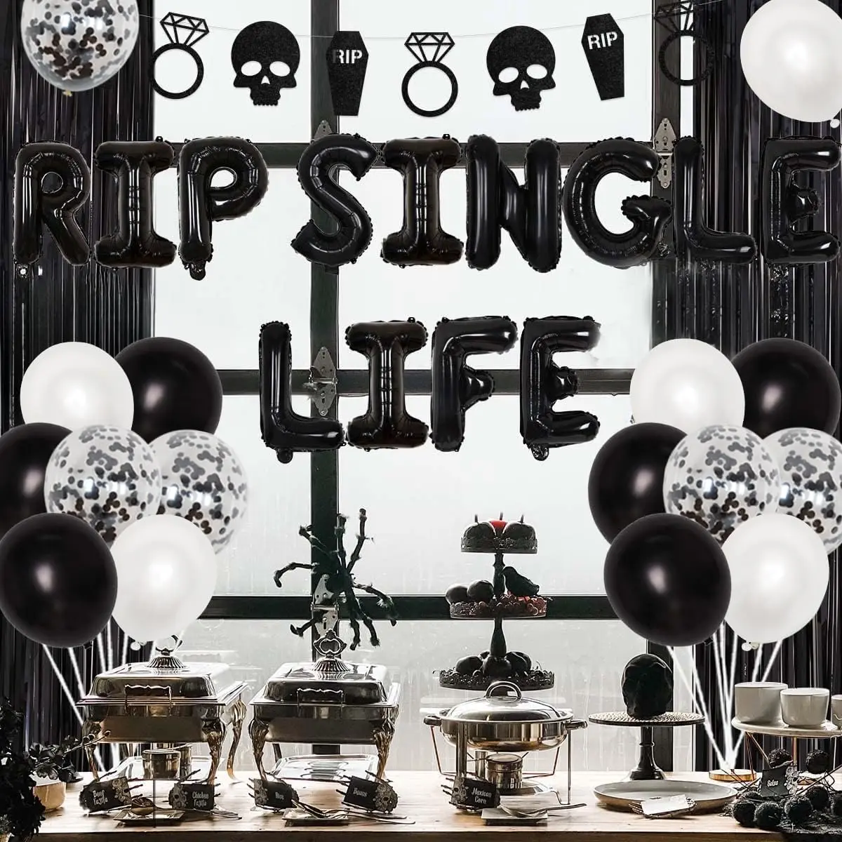 Rip Single Life Bachelorette Decorations - Black Coffin Skull Garland Bride to Be Sash Curtain for Bachelorette Engagement Party