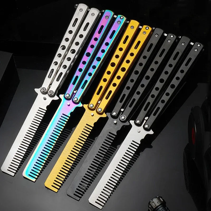 Peigne pliable en acier inoxydable, peigne d'entraînement type couteau papillon, brosse à barbe et moustache, outil de coiffure et de stylisation pour salon