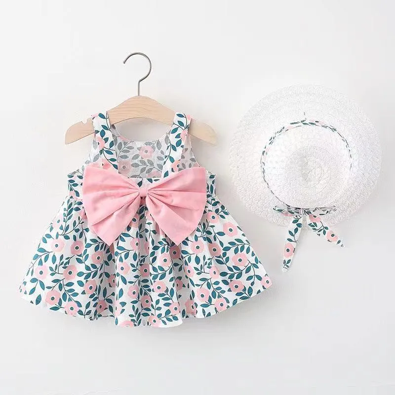 

Summer Baby Girls Beach Princess Dress Cute Bow Flowers Sleeveless Cotton Toddler Dresses+Sunhat Newborn Clothing Set 2pcs