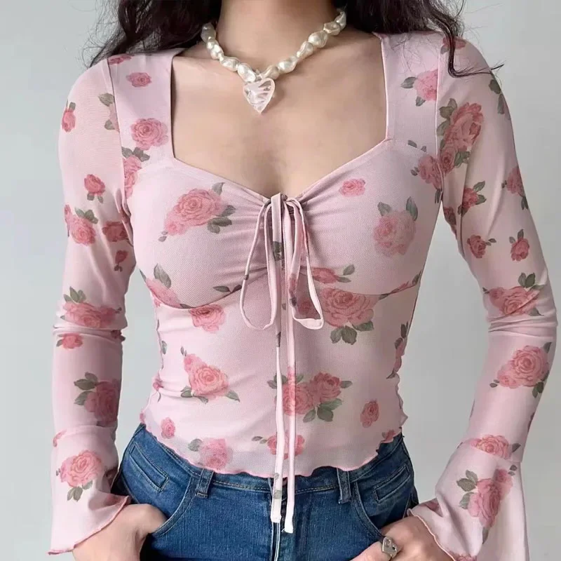 Sweet Net Yarn Patchwork Women Summer Flower Printing Pagoda Sleeve Square Neck Slim Long Sleeved Affordable All-match Tops