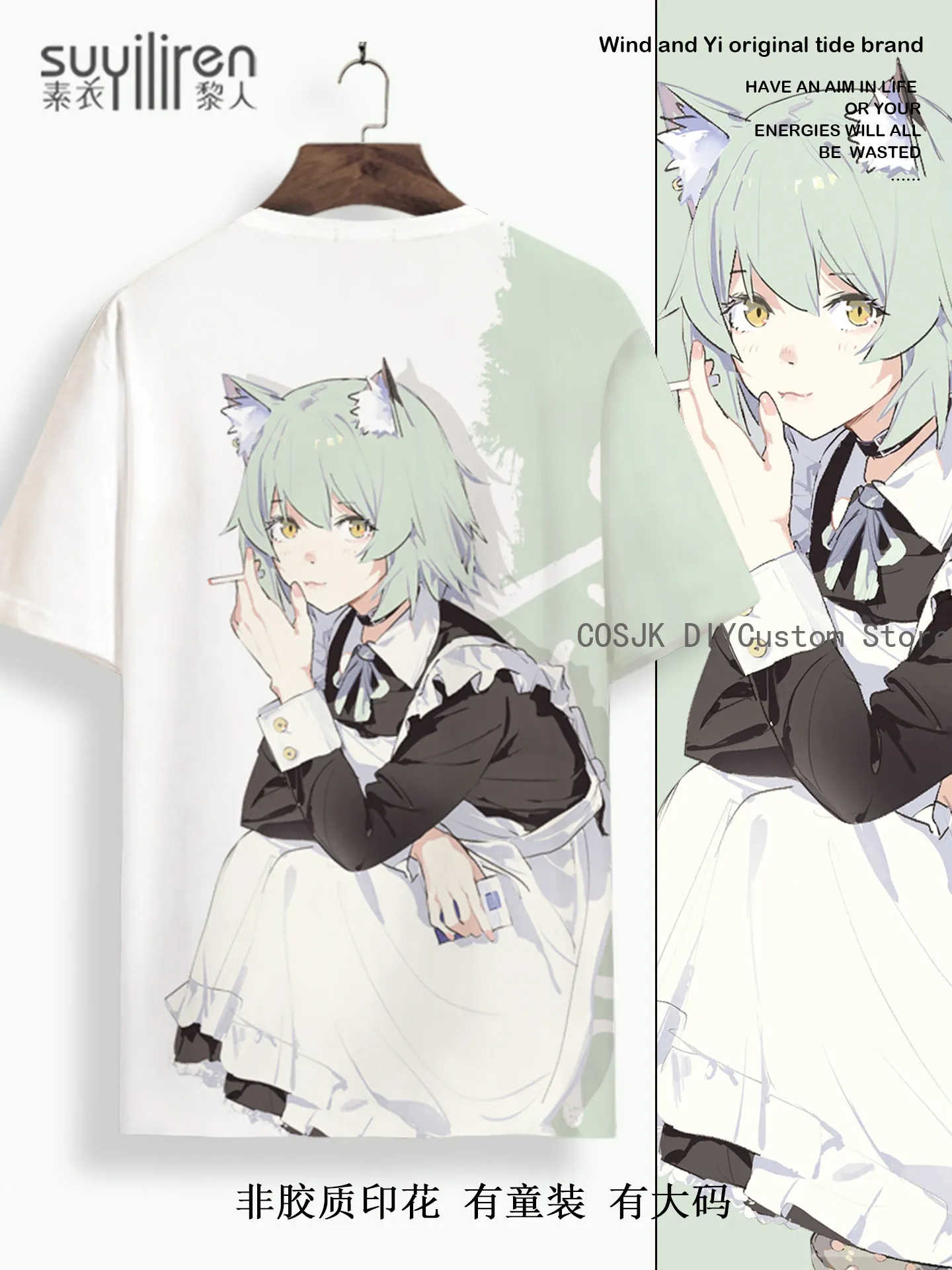 Camiseta de manga corta con estampado casual blanco de Anime Chainsmoker Cat Yani Neko para hombre y mujer, ideal para estudiantes, verano, disfraz o top.