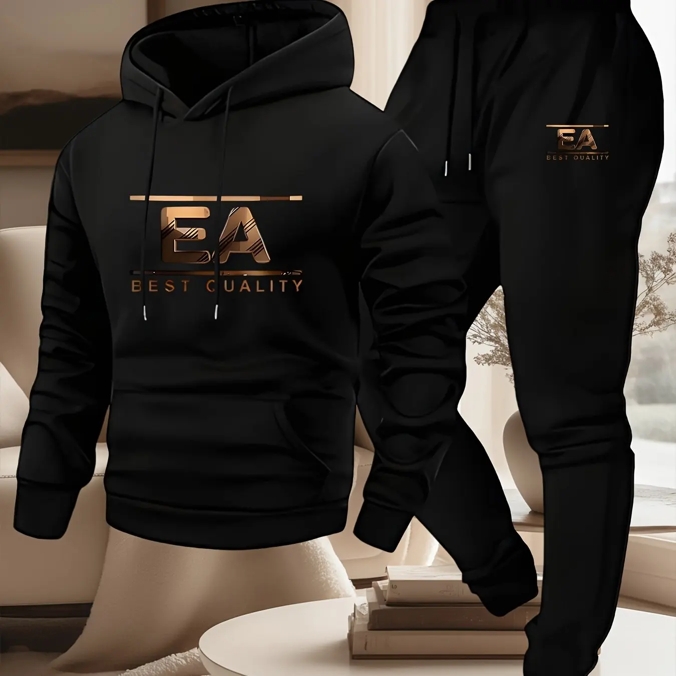 mens outfits  print hooded sweatshirt and sweatpants soft and comfortable thin velvet warm sweatpants set autumn and winter