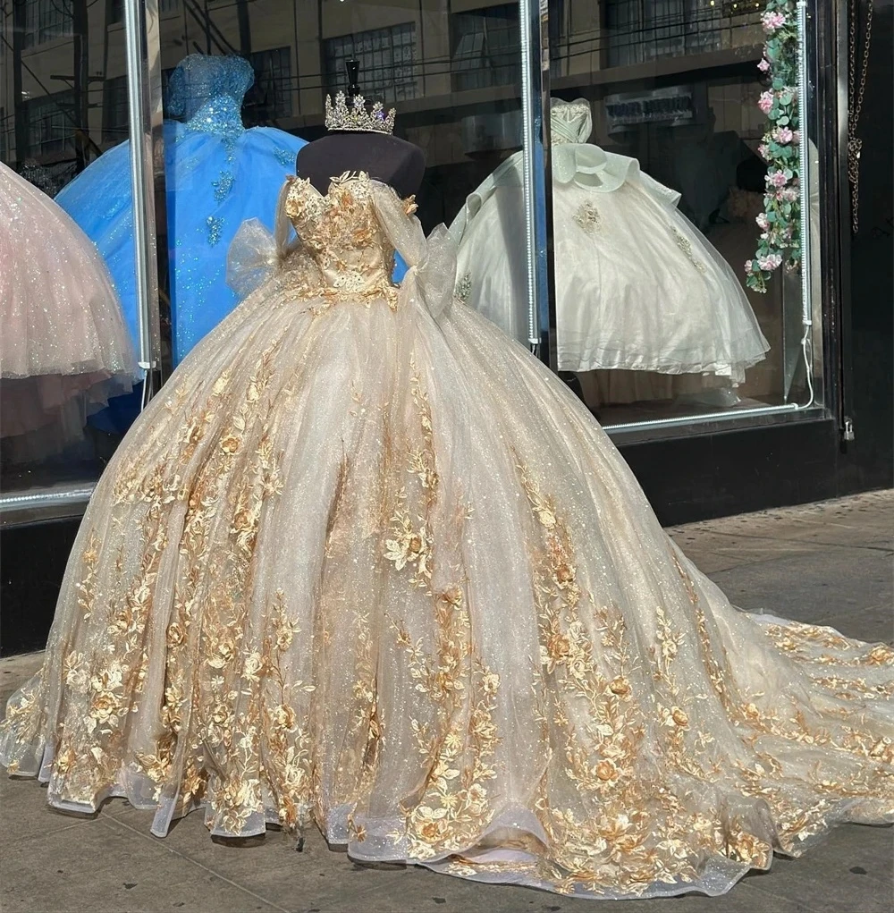 

Champagne Princess Quinceanera Dresses Ball Gown Off The Shoulder Appliques Sweet 16 Dresses 15 Años Mexican