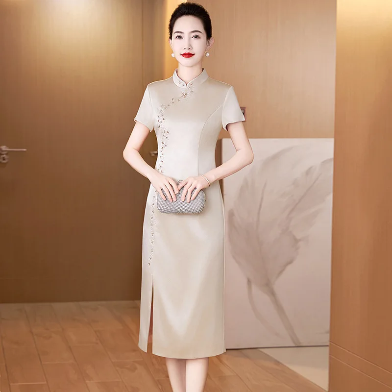 Yourqipao Summer Modified Cheongsam Elegant Fashion Mother Skirt Chinese Evening Dress Ladylike Slim Outfit for Women Party