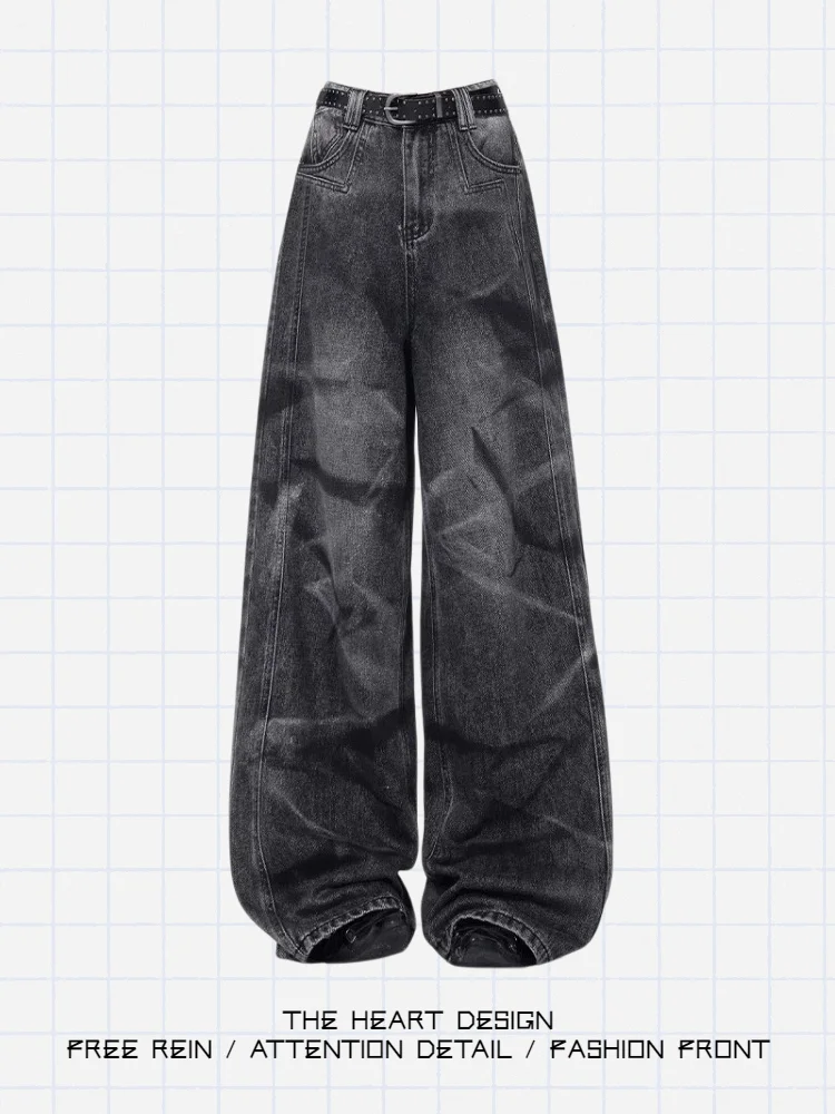 

Retro American High Street Spring Summer New Sle Bla Waed Jeans Women Loose Drape Casual Straight Leg Wide Leg Pants