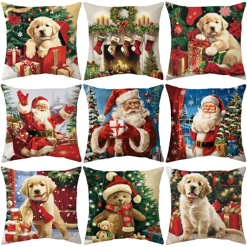 

45x45cm Christmas Cute Pet Series Printed Cushion Cover Soft Short Plush Sofa Decorative Pillowcase Christmas Home Decoration