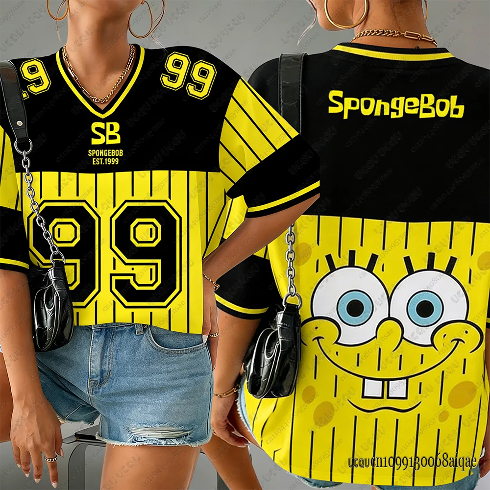 SpongeBob SquarePants Print Tshirts For Women Summer V-neck Sports Football Jerseys Casual Couple Street Clothing Y2K Female Top