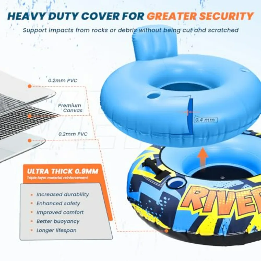 River tubing float for adults: heavy-duty 53 inflatable tube with premium canvas cover, navy blue, includes 2 cup holders and 2