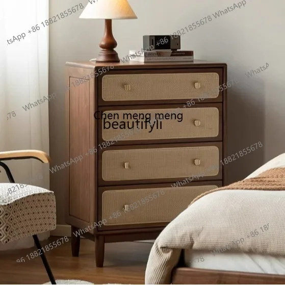 

X Solid Wood Chest of Drawers Modern Simple Black Walnut Bedroom Rattan Storage Cabinet Home Organizer