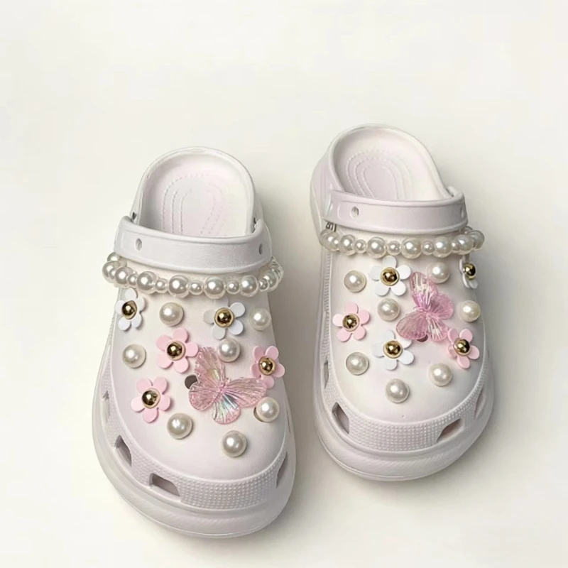 Hot Sales Shoe Charm Pins DIY Pink Butterfly Pearl Chain Flower Handicrafts Detachable Buckle Charms Hole Shoes Accessories
