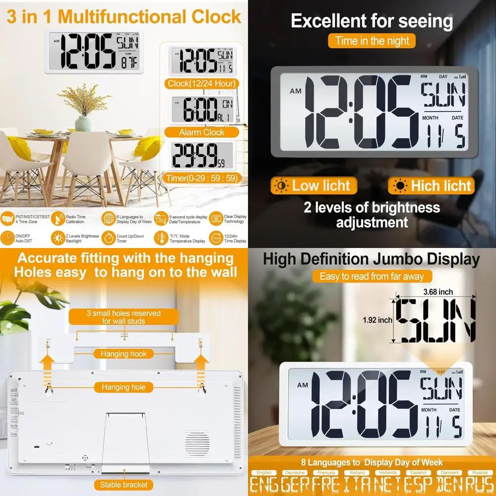 

Большие цифровые настенные часы 18,5 дюймов с подсветкой, питанием от батареи и зарядкой, гигантский ЖК-дисплей для отображения времени, даты и температуры