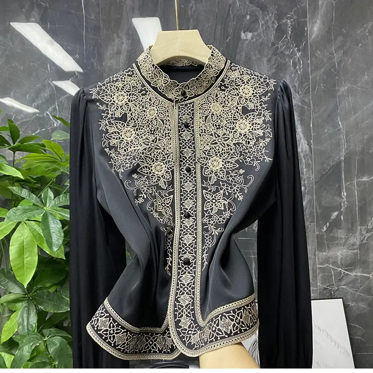 

Vintage Women Elegant Floral Embroidery Faux Silk Blouses Stand Collar Satin Lace Shirts Long Sleeve Glossy Cardigan Tops Blusas