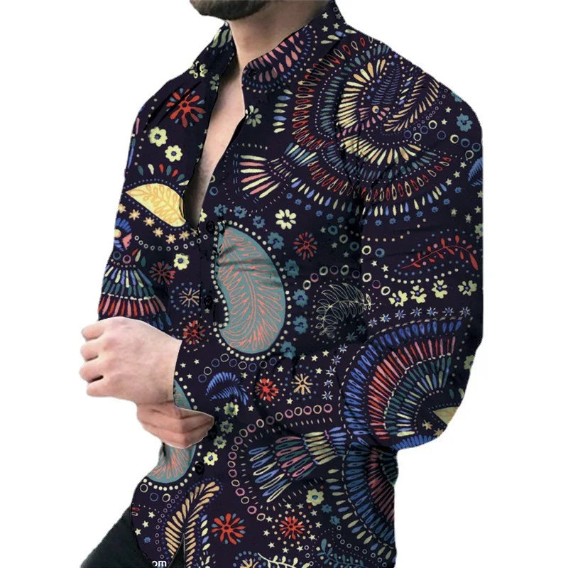 

New 2023 Men's Casual Printed irt Floral Pattern Long Sve Loose Fit Youthful Sle Four Seasons Versatile Polyester Fiber