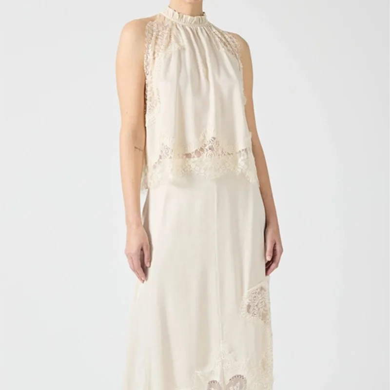 Elegante dames tweedelige set sexy kant patchwork mouwloos o-hals tanktops onregelmatige rokken 2-delige sets dame bijpassende sets