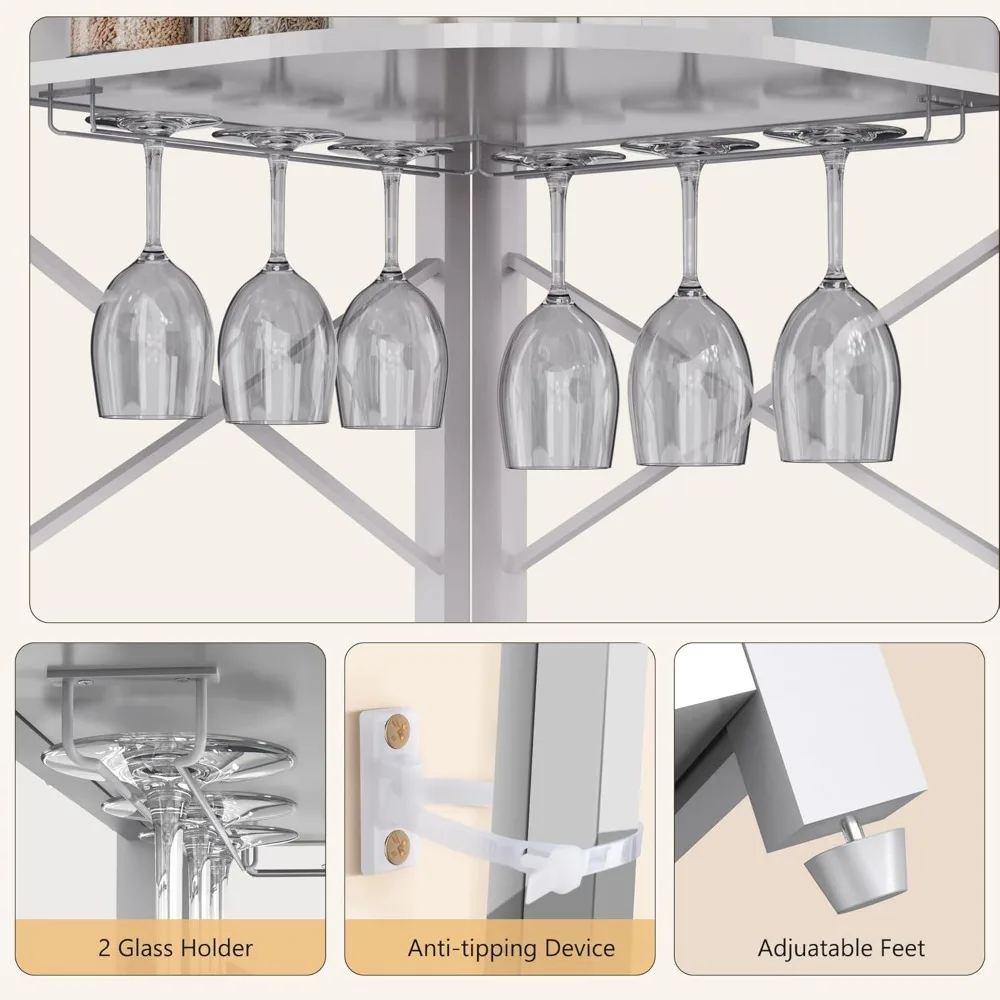 Armadietto da bar ad angolo con presa di corrente, armadietto per vini industriale a 5 livelli con striscia LED e supporto in vetro, armadietto per liquori con rete