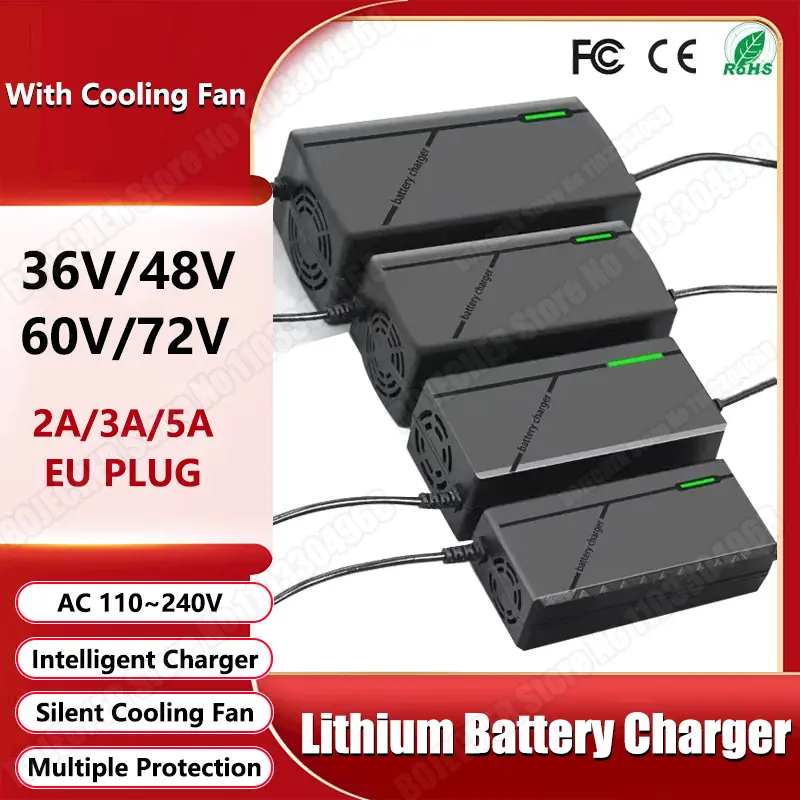 شاحن 36V 48V 60V 72V 2A 3A 5A 10S 13S 16S 20S لحزمة بطاريات Li-ion 42V 54.6V 67.2V 84V شحن سريع ذكي للدراجات الكهربائية بقابس EU