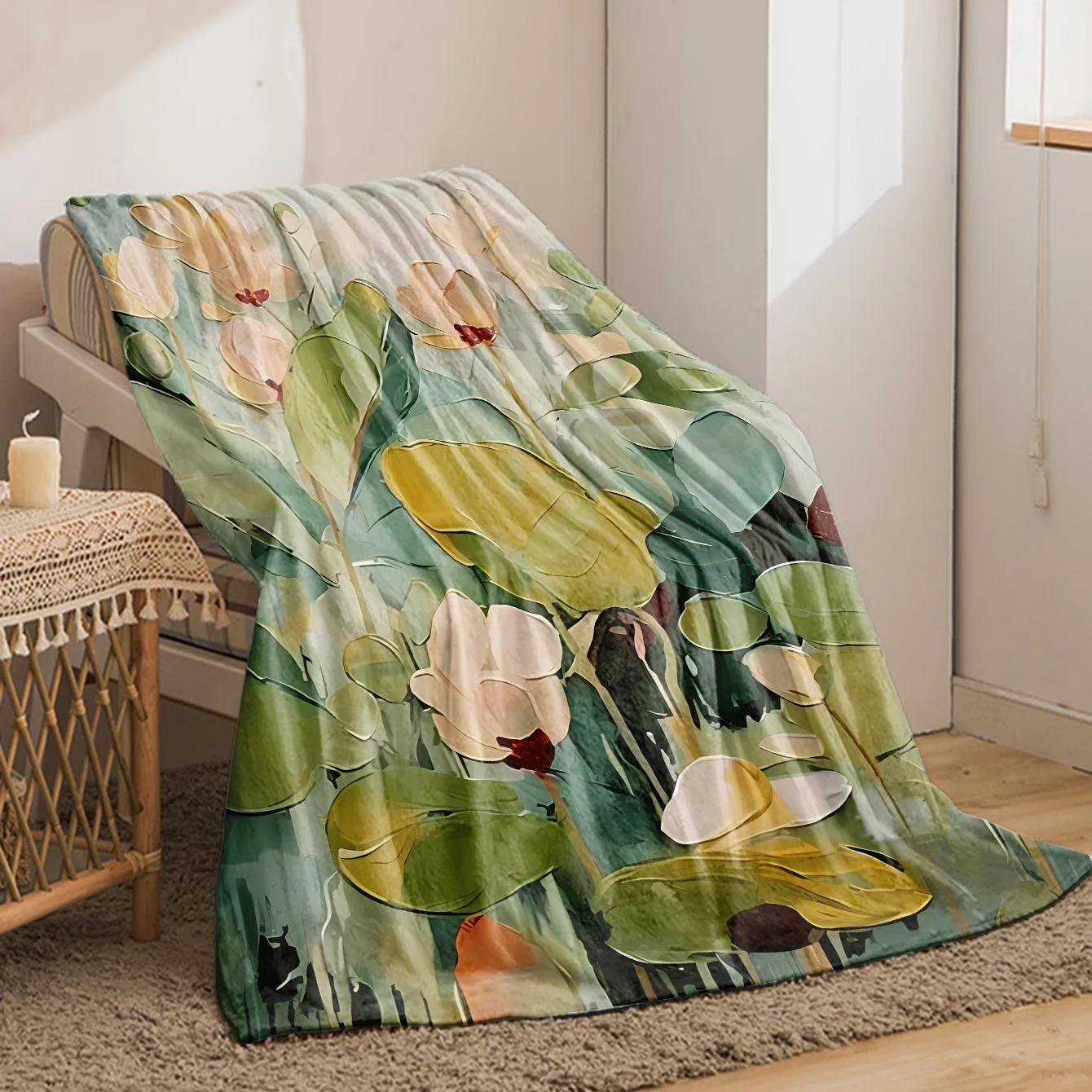 Water lily-themed oil painting Flannel printed blanket suitable for all seasons suitable for living room office sofa and travel