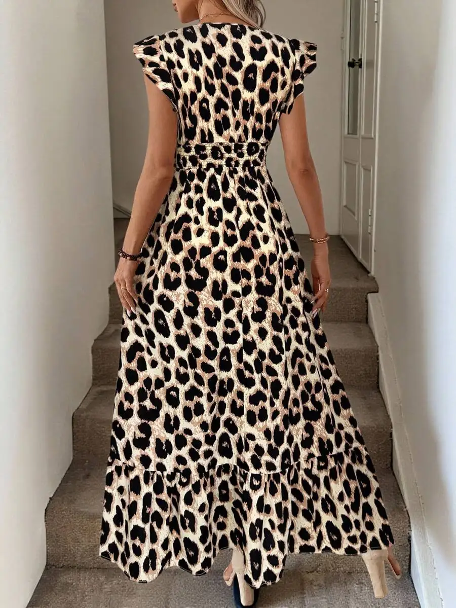 

Shirred Ruffle Cap Sleeve Cinched Waist Flared Leopard Print Maxi Dress For Women