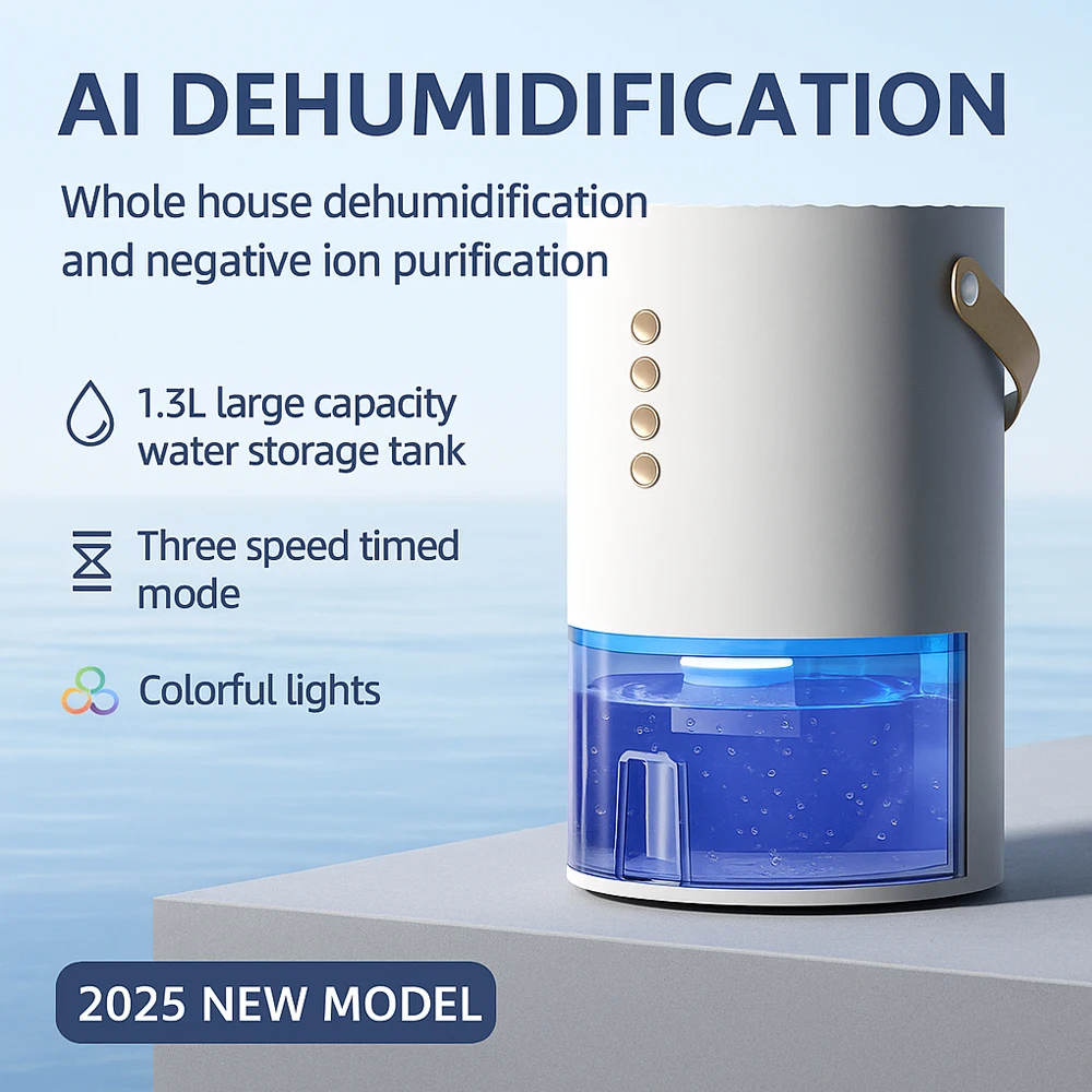 

Мини-портативный осушитель с очистителем воздуха/бак для воды 1,3 л/низкий уровень шума/3-скоростной таймер/светодиодный свет/энергосберегающий поглотитель влаги