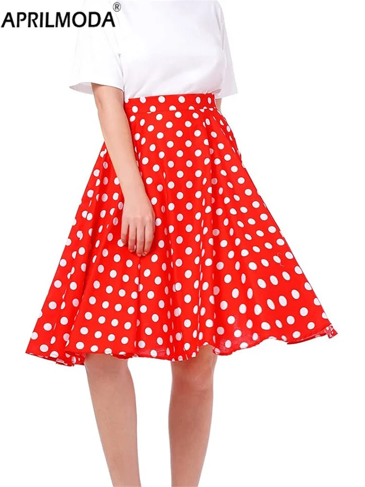 2024 Red A Line 1950s Style Summer Women's Skirts Polka Dot Print High Waist Tea Flare Runway Vintage Skirt