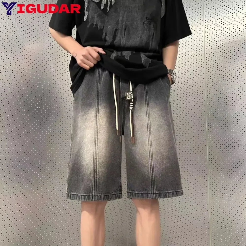 

Wash Loose Wide Leg Denim Shorts Men 2025 Summer Vintage Blue Jeans Shorts Streetwear Hip Hop Y2K Straight leg pants jeans