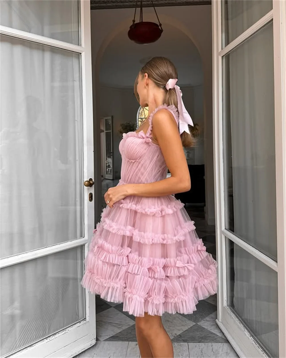 Popular Pink Two Straps Sweethart Tiered Ruffles Knee Lenght Prom Dresses Custom Made 2026 Custom Made Formal Party Grown