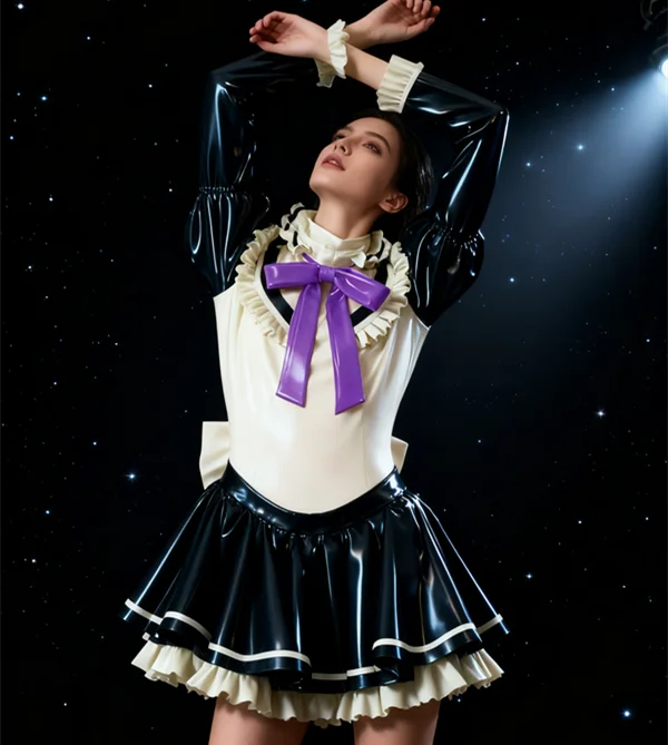 Robe de demoiselle d'honneur en caoutchouc Latex pur 100%, noir et blanc, jupe Cosplay 0.4mm S-XXL