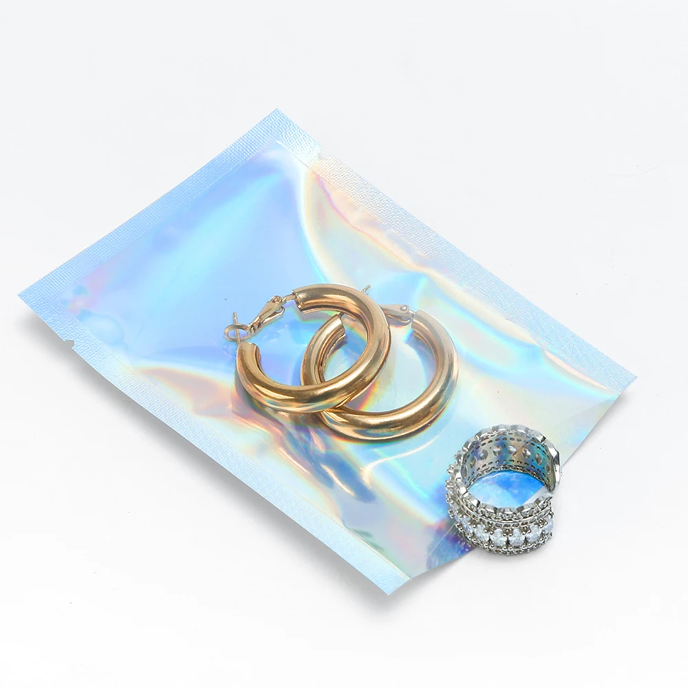 Custom Printed Holographic Mylar Bag,  Clear Window Open Top Metallic Aluminum Foil   Jewlery Product Packaing Pouch