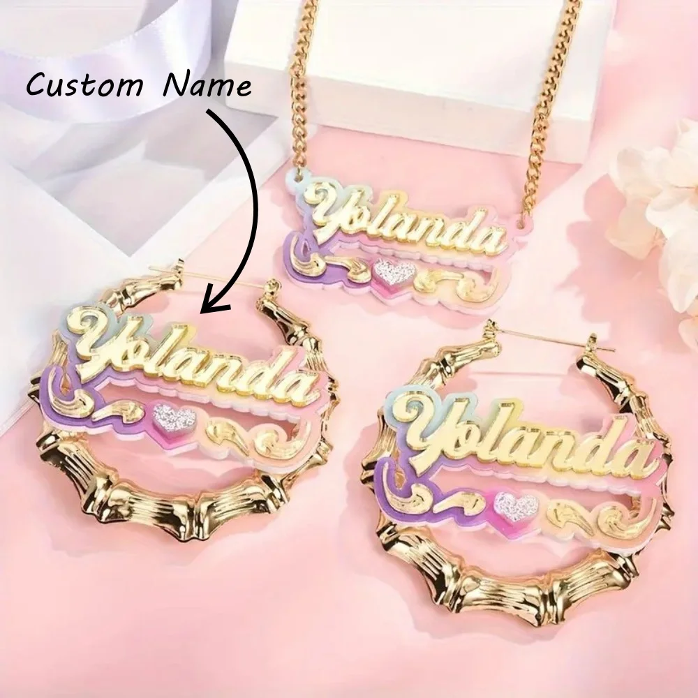 2pcs Customized Acrylic Earrings/necklace Set With Rainbow Gradient Personalized DIY Circular Bamboo Knot Creative Name Necklace