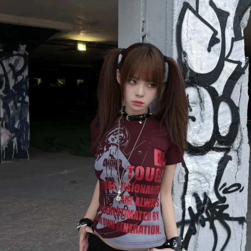 

Футболка High Street Punk Vintage Wine Red 90s Женская одежда Хип-хоп тонкие футболки Harajuku Готическая футболка с графикой Гранж Майки Топы
