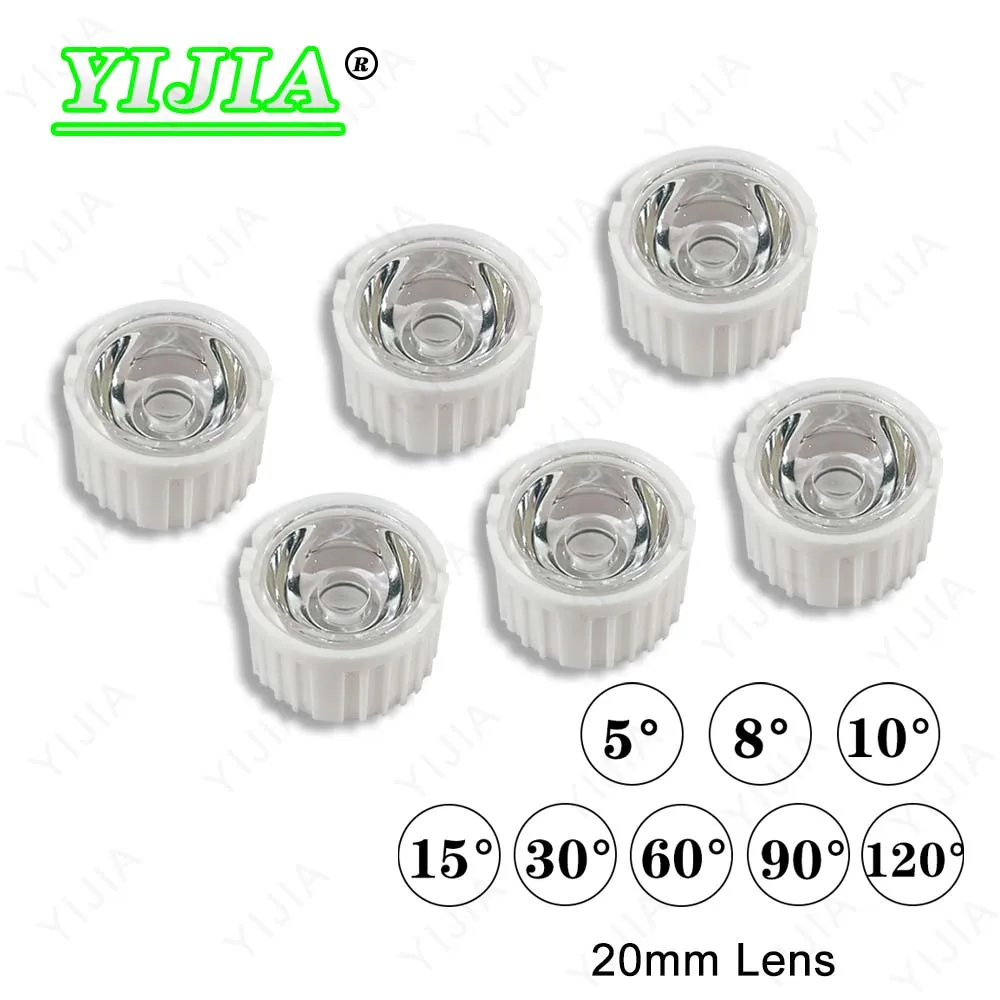 10pcs 1W 3W 20mm LED Lens Two Feet Collimator 5 15 30 45 60 90 120 Degree Black White Holder For 1W 3W 5W High Power LED Beads