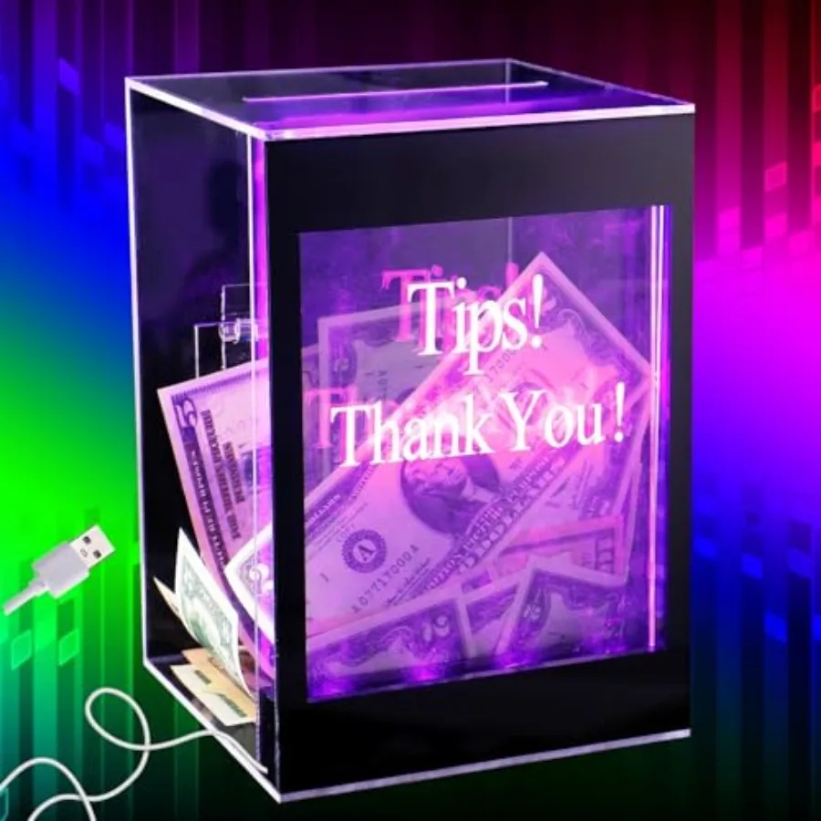 

Light Up Tip Jar with Removable Writeable Blank Sign - 20 Colors Changes Acrylic Donation Ballot Raffle Money Box with Lock, Ke