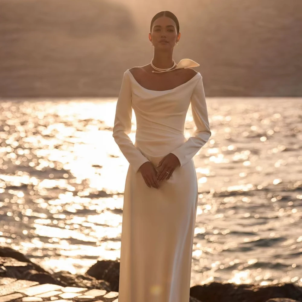 Robe de mariée plissée ivoire personnalisée, longueur au sol, modeste, manches longues, robes de plage élégantes de rêve