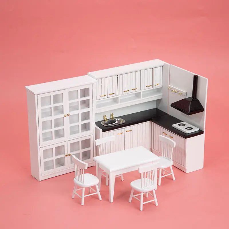 Dollhouse Miniature Luxury Kitchen Table Dining Table And Chair And Cabinet Set 1/12 Dolls House Kitchen Dinning Room Decoration