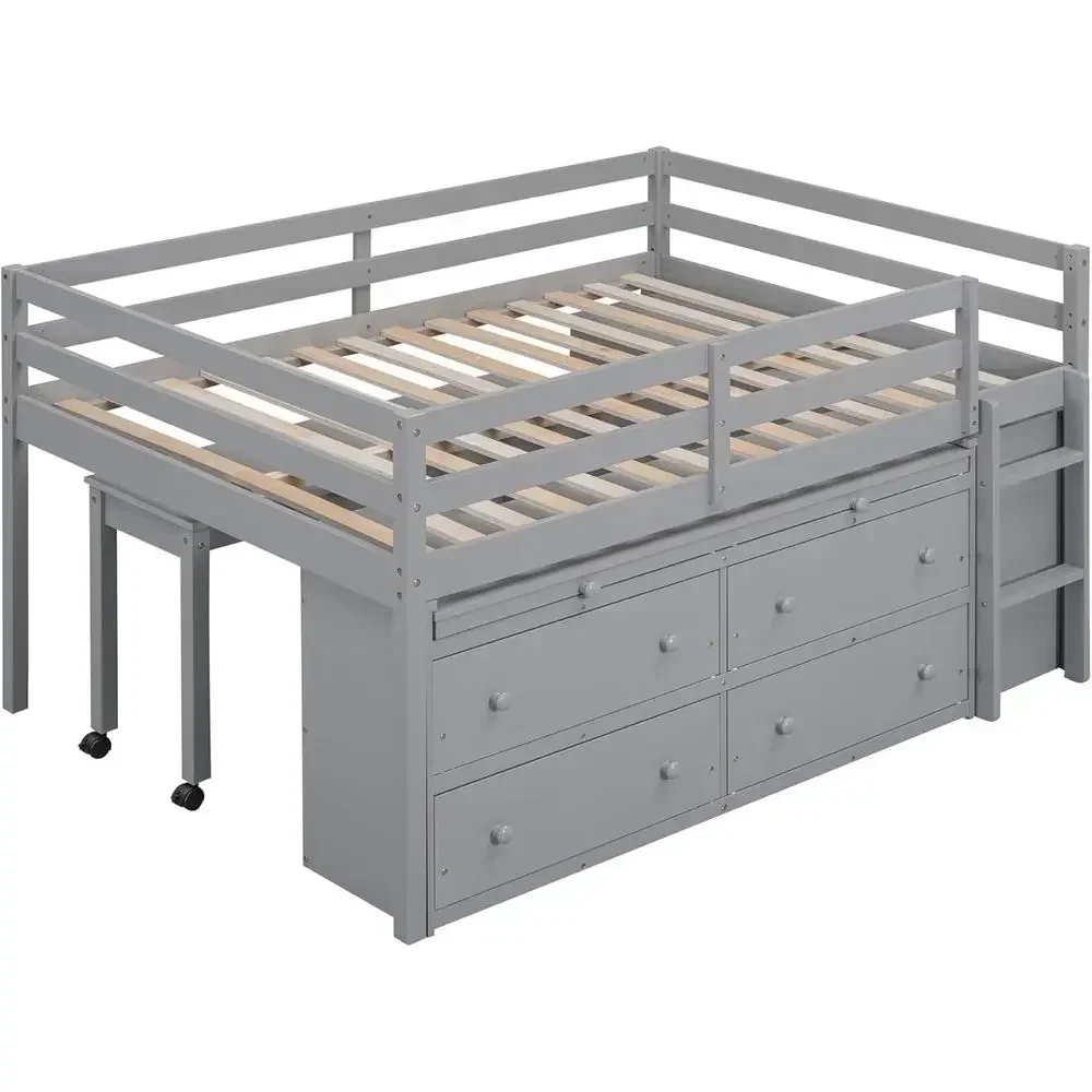Full Size Wooden Loft Bed with Desk and Drawers, Storage Shelves, Space-Saving, Gray view 4